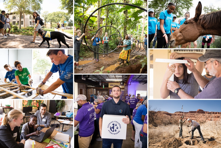 Grid of images depicting various service learning opportunities at Rollins.