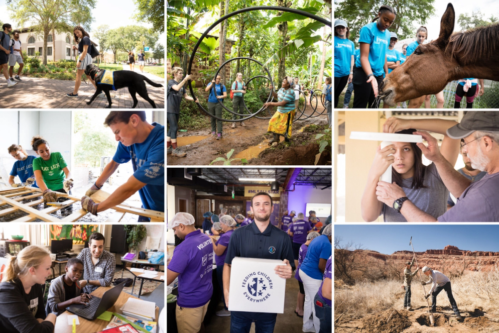 Grid of images depicting various service learning opportunities at Rollins.