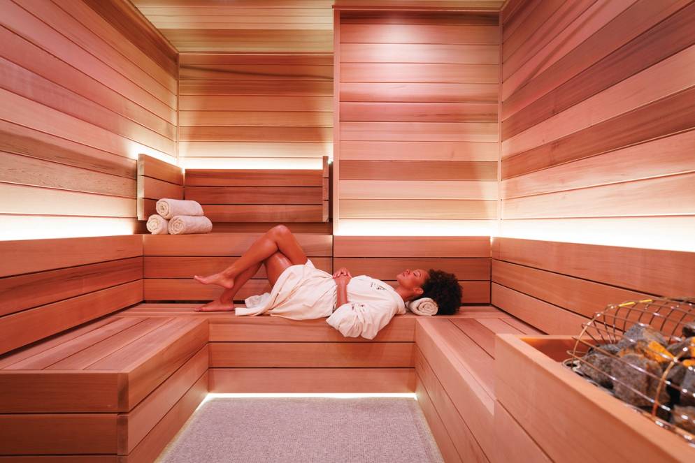 The sauna in the women's locker room in the new spa at The Alfond Inn