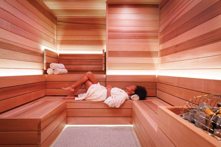 The sauna in the women's locker room in the new spa at The Alfond Inn