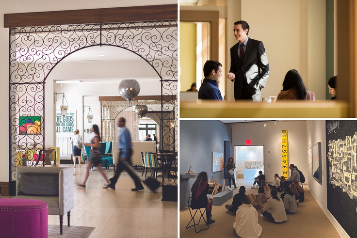 The Alfond Inn lobby, students gathered for a class in the Rollins Museum of Art, and a Rollins Crummer Graduate School of Business student.