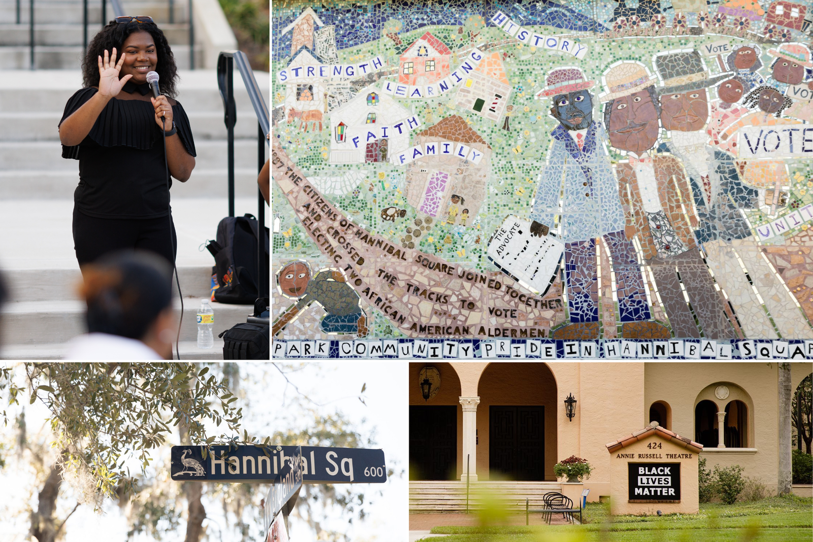 A Black student speaking, a Black Lives Matter sign at the Annie Russell Theatre, and a community pride mural in Hannibal Square.