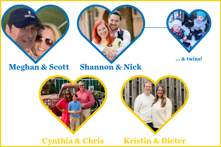 Four couples in heart-shaped frames, with one additional heart frame of twin toddlers.