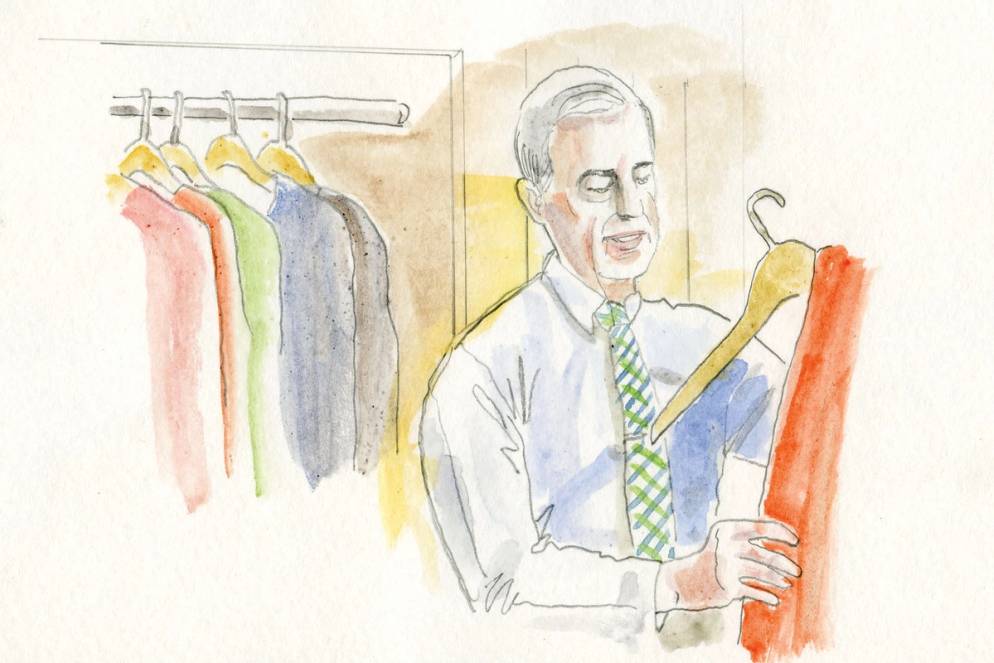 An illustration of Mister Rogers changing his sweater.