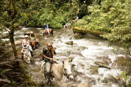 A group of students ride horses across a creek.