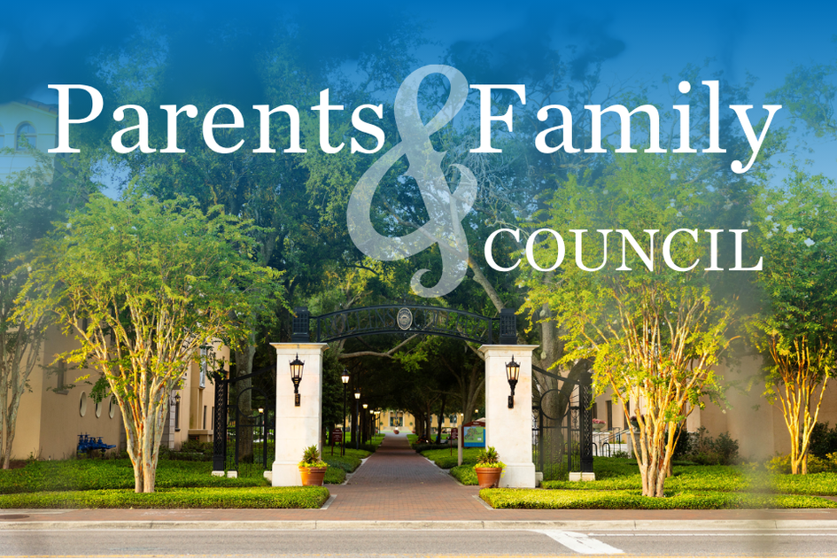Graphic of Parents and Family Council Logo on a photo of Rollins campus front gates.