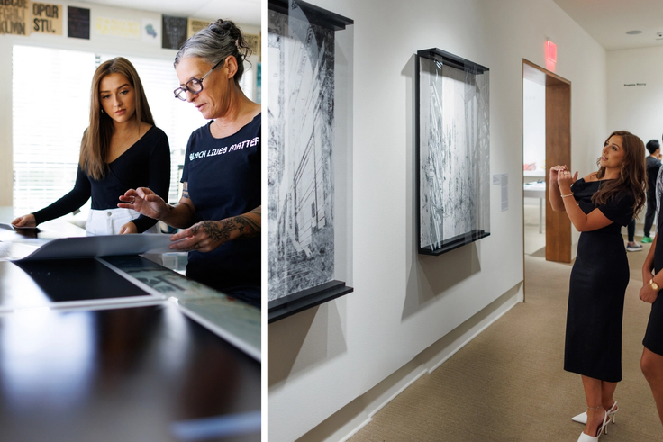 Emma Lostutter ’23 with art professor Dawn Roe and exhibiting at RMA