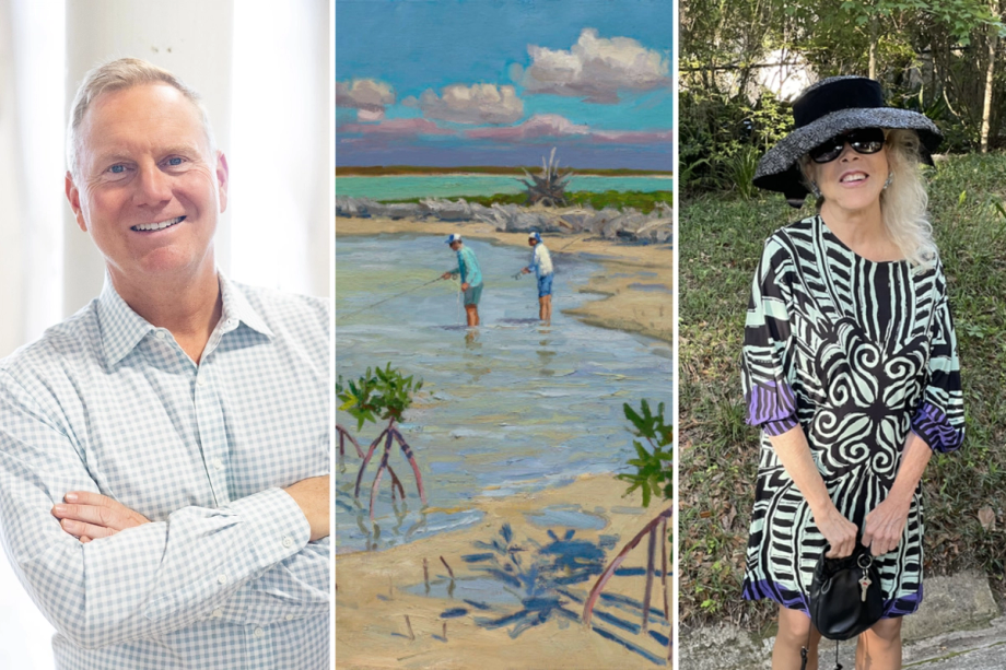 From left to right: Chris Mader ’88, artwork from Steve Farrelly ’92’s Bonefish Barehanded!, and Christy Sanford ’62