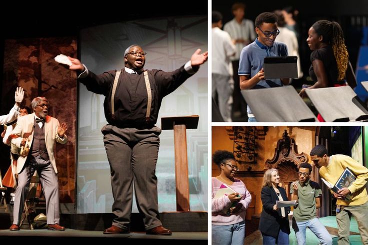 A grid of images of the student playwrights and final production of Let the People Sing at the Annie Russell Theatre