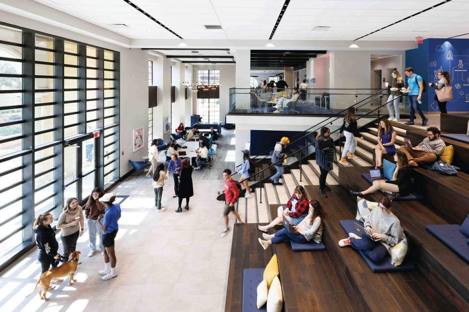 A wide look at the first floor of Kathleen W. Rollins Hall at Rollins College.