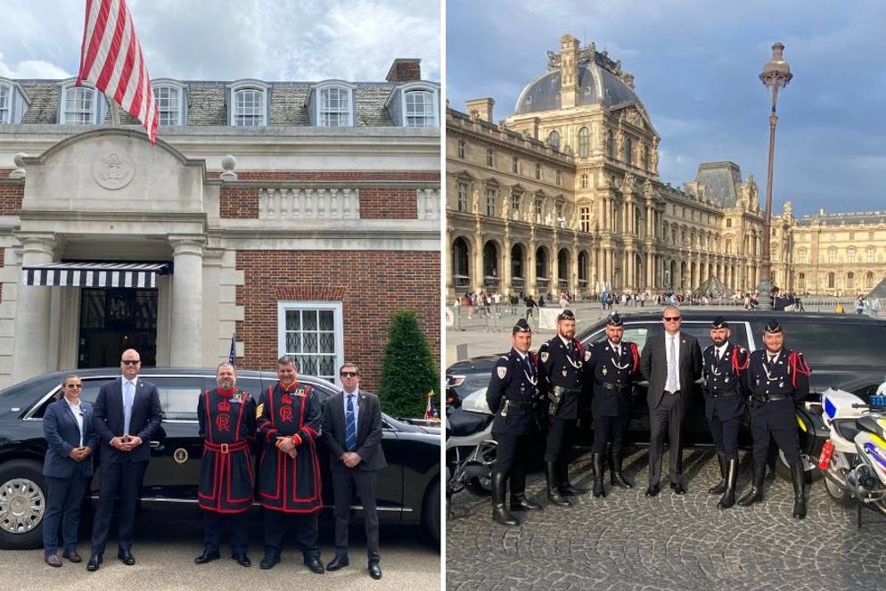 Davis and Yeoman Warders in front of London’s Winfield House, the official residence of the U.S. ambassador to the United Kingdom. Davis alongside French police in front of the Louvre Museum in Paris.