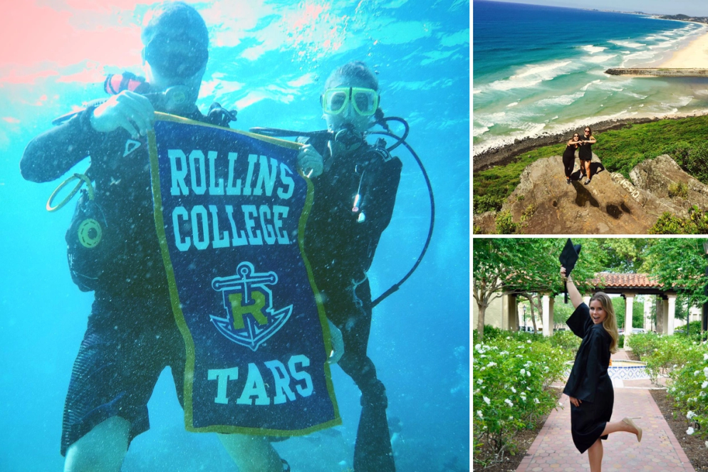 Maddie Cholnoky scuba diving with Rollins Scuba Club, studying abroad in Australia, and at Rollins graduation.