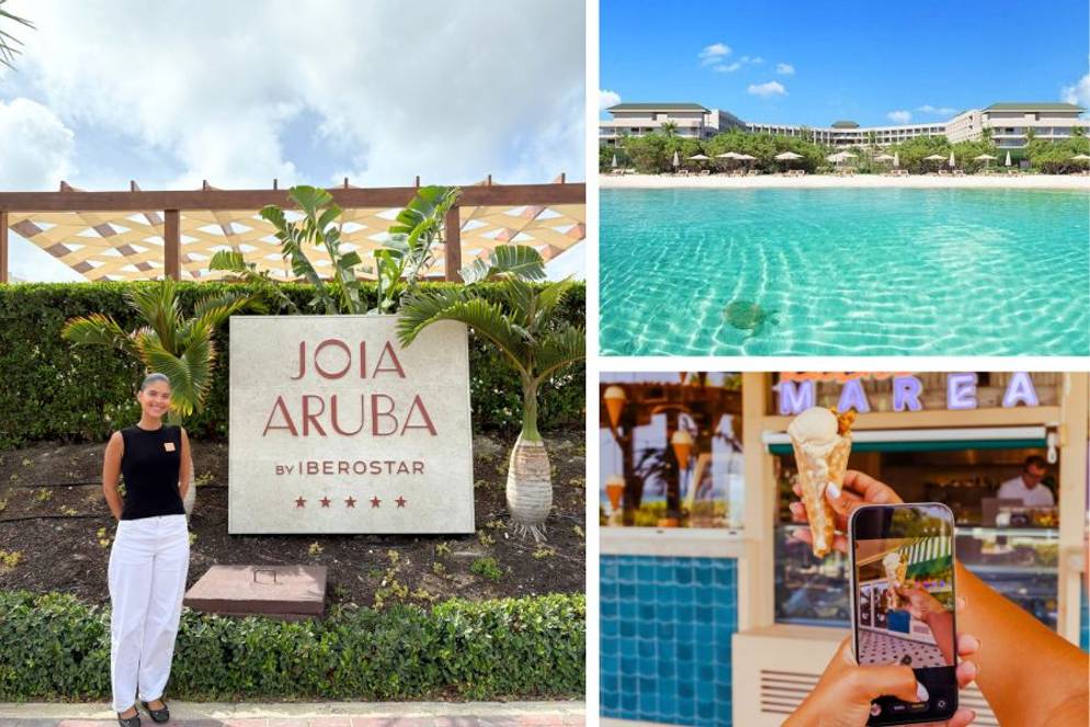 Collage highlights Claudia Caralps Faro ’27 interning at Joia Aruba resort, turquoise beach, and ice cream.