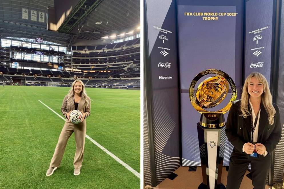 Morgan Colley ’17 in a soccer stadium and standing beside the FIFA World Cup trophy
