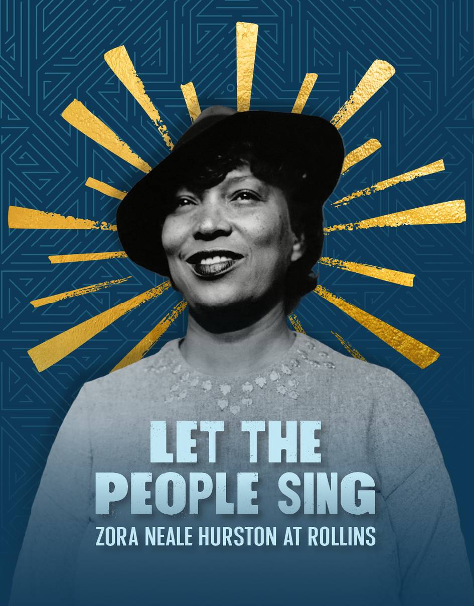 A photo of Zora Neale Hurston surrounded by golden rays, in front of a teal pattern