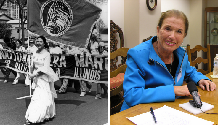 From left: Muriel Fox ’46 during an ERA march, Fox at Rollins in 2010. Photos courtesy Rollins College Archives.