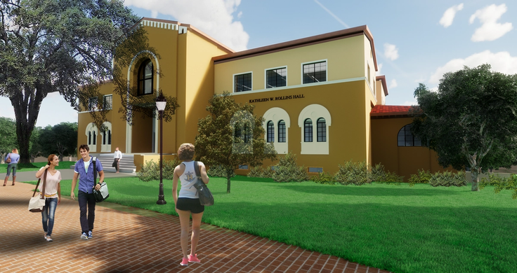 Rendering of Kathleen W. Rollins Hall overlooking Mills Lawn