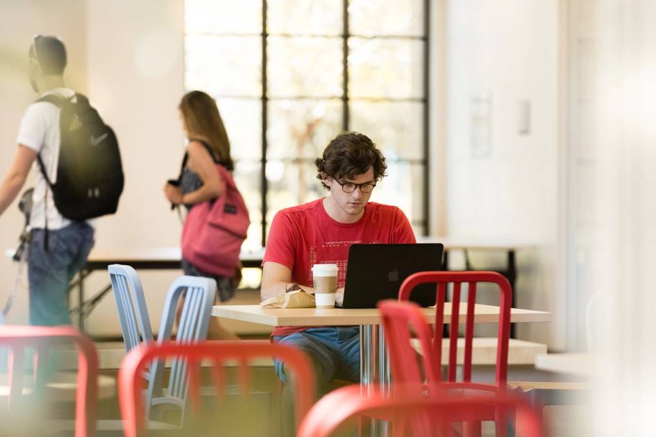 A student works on a laptop in the atrium of the Bush Science Center.