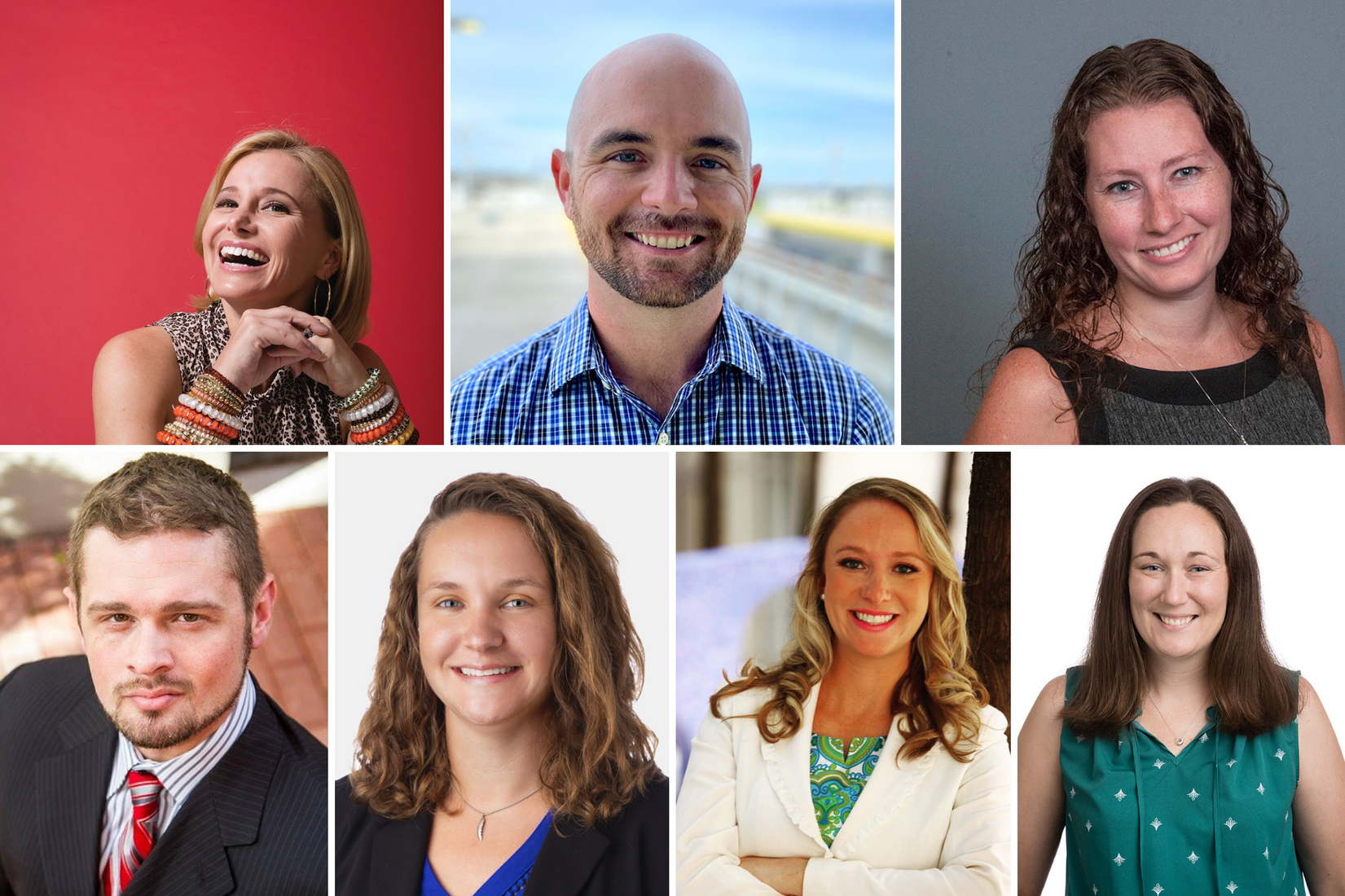 From top left: Lindsay Muscato ’07, Kevin Brancheau ’17MBA, Rebekah Arthur ’10, Bailey Clark ’11, Lisa Curran Kolbjornsen ’14MBA, Carmen Rasnick ’13 ’16MBA, and Beau Blackerby ’10MBA.