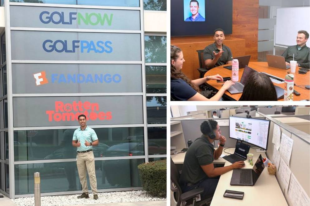 Christian Fontanez ’27 poses outside company offices, collaborates in meeting, and works.