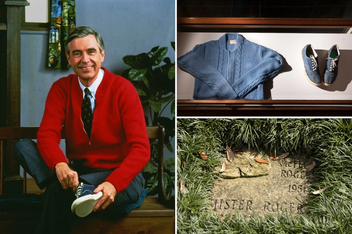Mister Rogers portrait, plus his signature blue sweater and stone on Rollins’ Walk of Fame.