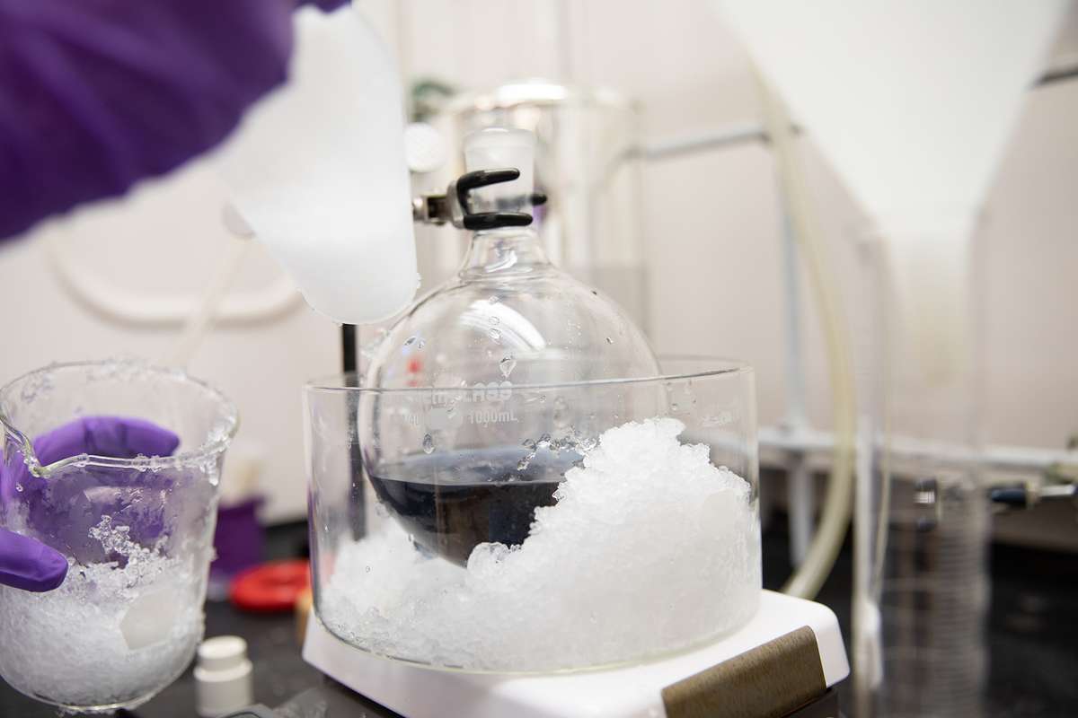 Chemical materials stored on ice for student-faculty research.