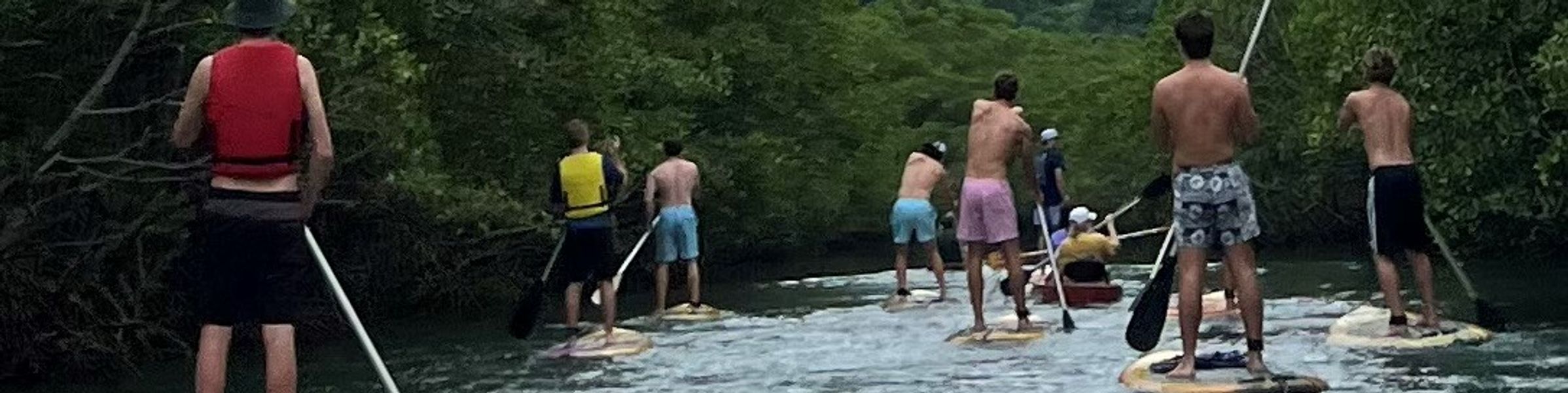 Rollins College students kayaking and paddle boarding along a river in Brazil.