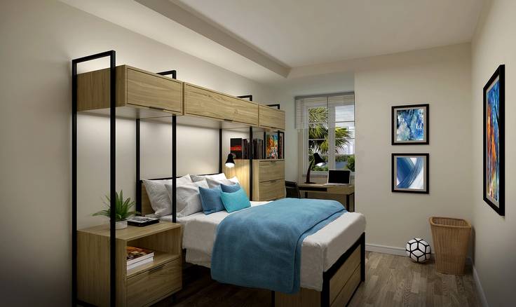 Rendering of the interior of one of the Lakeside Complex's dorm bedrooms.