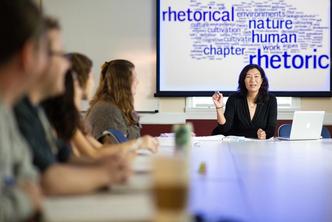 English professor Martha Cheng giving a lesson in a master's of liberal studies class.