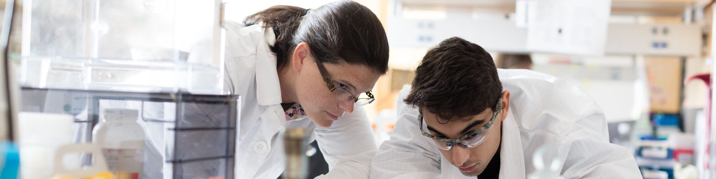 A biology professor and student work one on one in a lab.