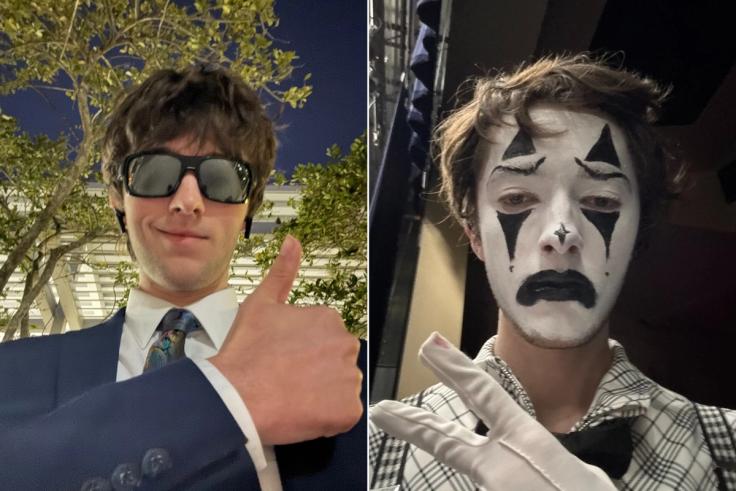 A grid of images showing Robert Palmerini posing in a suit and as a mime