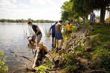 Students restoring the shoreline of Lake Virginia on campus.
