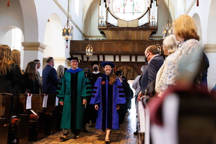 Rollins faculty walk into Knowles Memorial Chapel for the College's Phi Beta Kappa installation ceremony.
