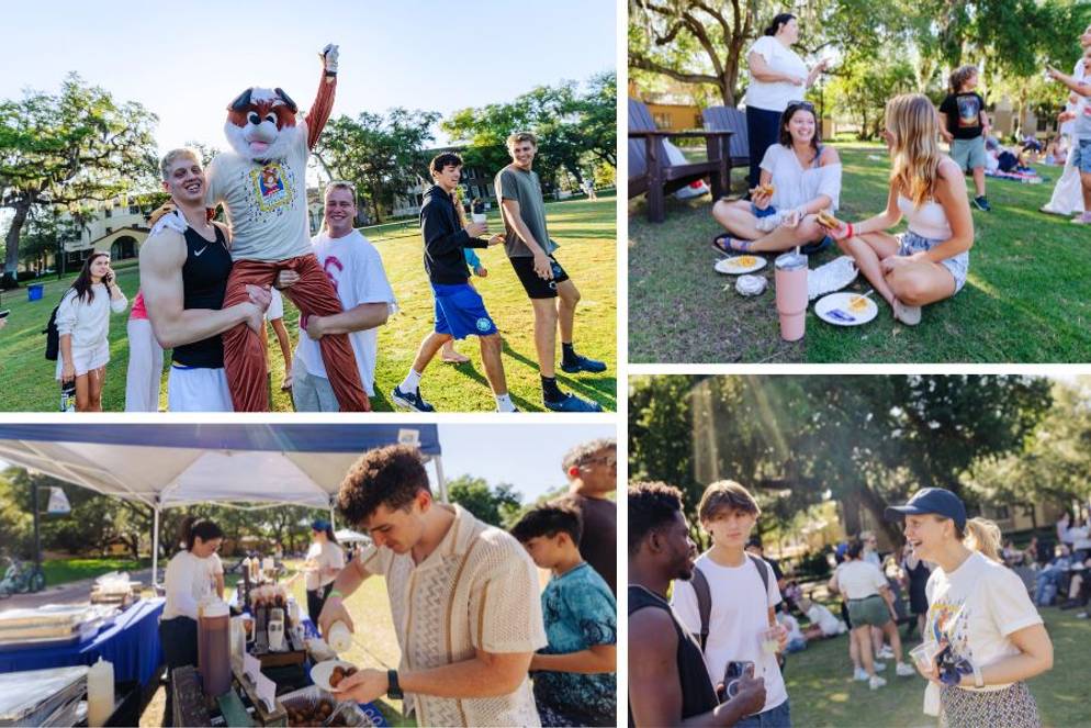 Rollins fox mascot being carried by two students, students eating and enjoying the picnic out on Mills Lawn