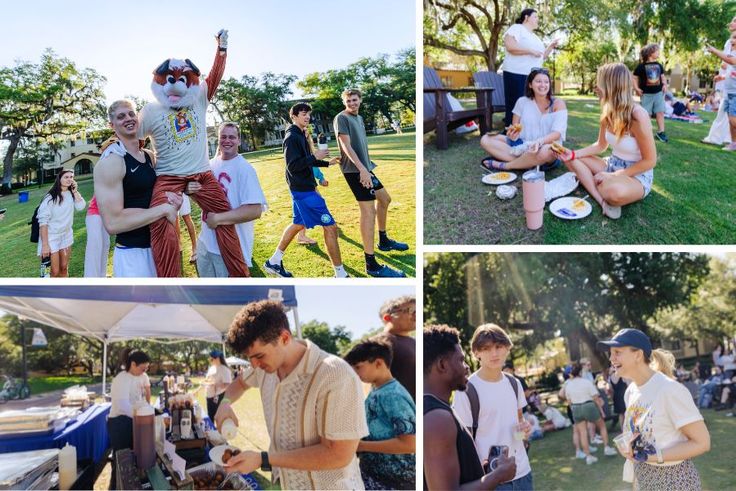 Rollins fox mascot being carried by two students, students eating and enjoying the picnic out on Mills Lawn