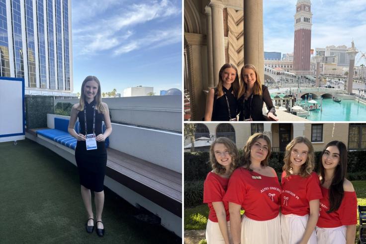 Students attending professional and sorority events, posing together at outdoor venues.