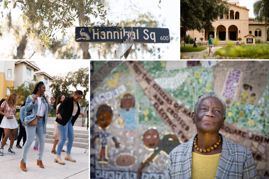 Fairolyn Livingston ’81, Black Lives Matter sign at Annie Russell Theatre, Hannibal Square street sign, and Black Student Union Soul Food Sunday celebration