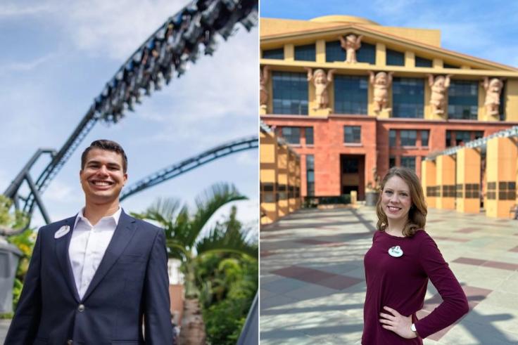 Michael Lagessie in front of a roller coaster and Bethany Eriksen at a Disney property