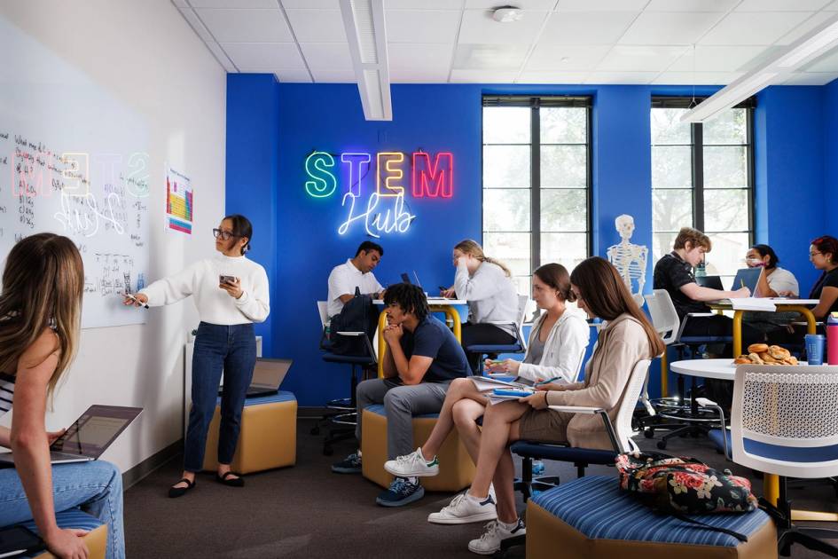 A group of students study in the STEM Hub at Rollins.