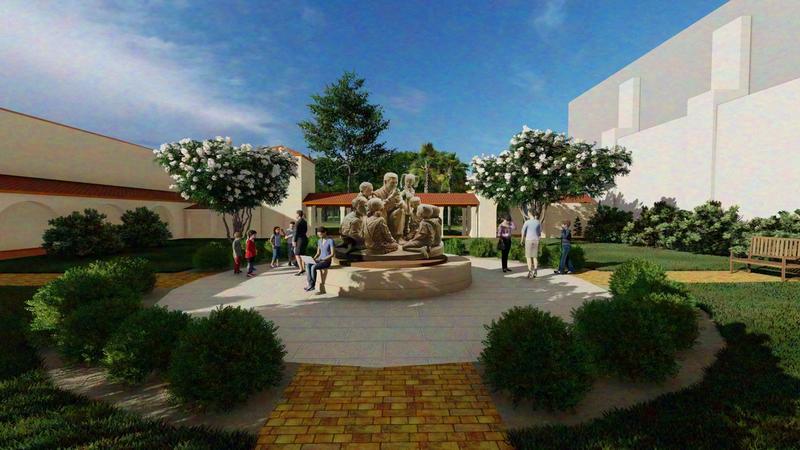 A rendering depicting a sculpture of Fred Rogers at Rollins College.