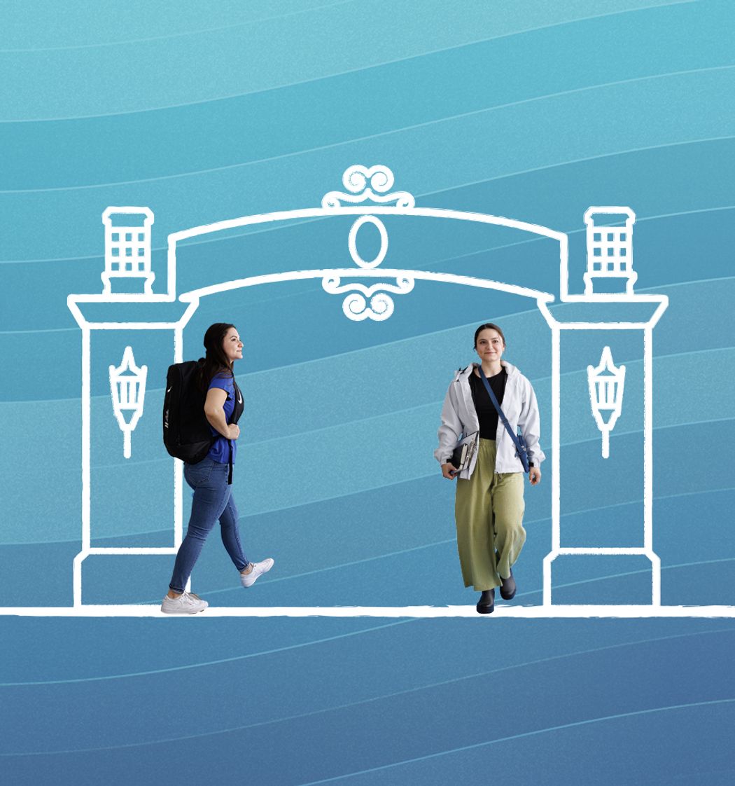 A graphic of a student walking into and out of a gateway.