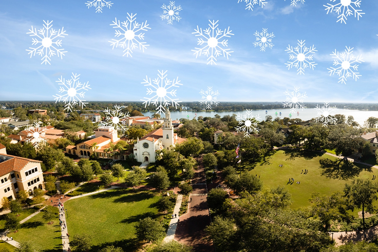 The Rollins campus with a digital overlay of snowflakes