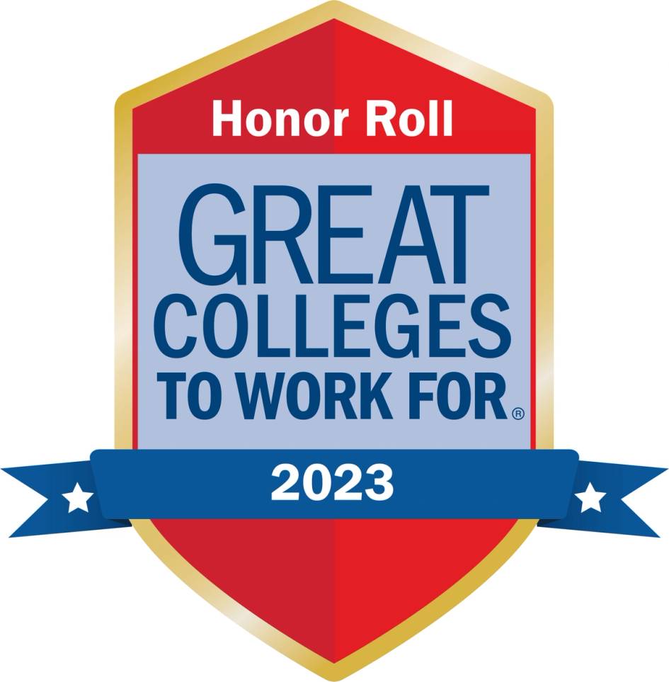 A badge that notes Rollins College is a 2023 Great Colleges to Work For Honoree