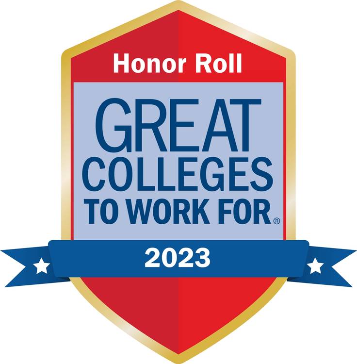A badge that notes 91 is a 2023 Great Colleges to Work For Honoree