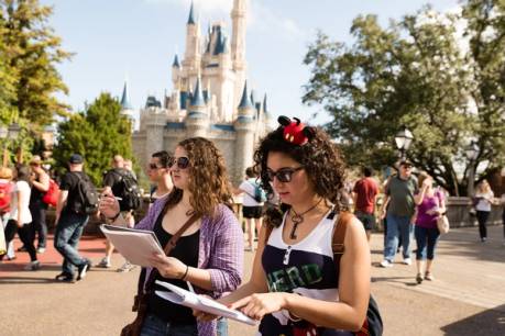 Students walk around Disney World, in front of the castle.