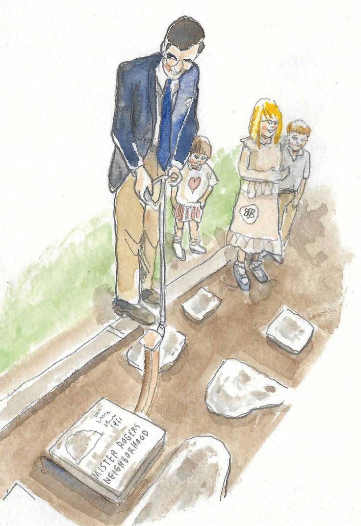 An illustration of Mister Rogers laying a stone in Rollins’ Walk of Fame.