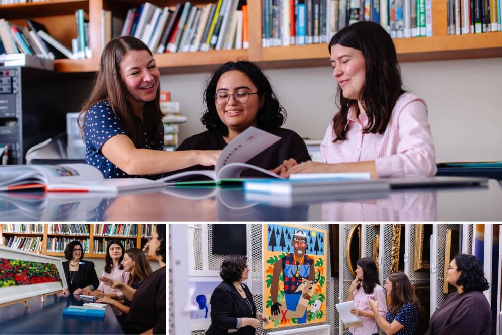 Faculty and students review art books and discuss artworks in library and gallery.