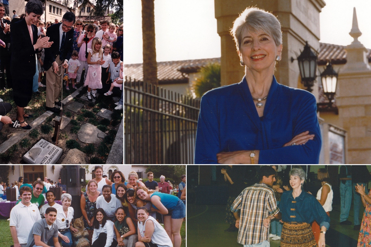 Rita Bornstein on Fox Day, dancing the square dance with faculty, engaging with students and staff on campus, and presenting Fred Rogers with his stone on the Walk of Fame.