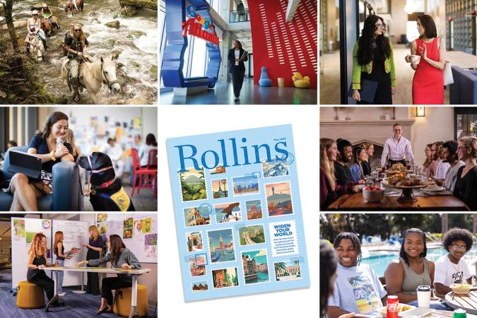 A grid of images from the fall 2024 issue of Rollins magazine plus the magazine cover