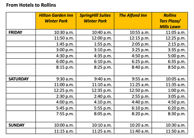 Shuttle schedule grid for pickup times.
